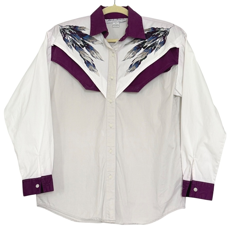 Adobe Rose Vintage 1994 Western Feather Graphic Button Down Shirt White Purple M